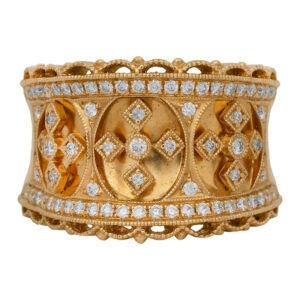 New 18k yellow gold Judy Mayfield Maltese Cross wide ring set with 0.54 carats of round brilliant earth-mined diamonds.