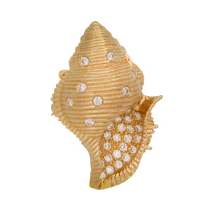 New 18k yellow gold Judy Mayfield Conch Shell pendant/brooch set with 0.92 carats of round brilliant earth-mined diamonds.