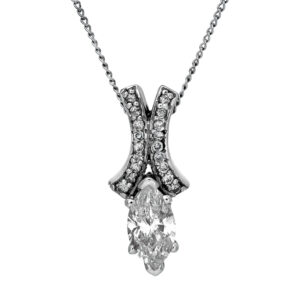 Vintage 14k white gold drop pendant set with an approximate 1.50 carat marquise diamond center plus approximately 0.20 carats of round brilliant diamonds.