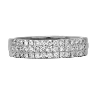 Vintage 14k white gold three-row band set with approximately 0.90 carats of round brilliant diamonds.