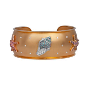 New 18k yellow, white & rose gold Judy Mayfield Seashell wide cuff bracelet set with 3.04 carats of pink and purple round brilliant sapphires plus 0.53 carats of round brilliant Paraiba tourmalines plus 0.44 carats of round brilliant earth-mined diamonds.