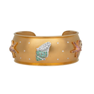 New 18k yellow, white & rose gold Judy Mayfield Seashell wide cuff bracelet set with 3.04 carats of pink and purple round brilliant sapphires plus 0.53 carats of round brilliant Paraiba tourmalines plus 0.44 carats of round brilliant earth-mined diamonds.
