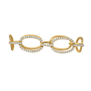 New 14k yellow gold open oval link bracelet set with 5.11 carats of round brilliant diamonds.