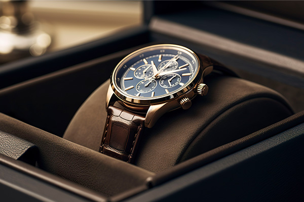 a close up image of a luxury watch displayed a watch display box.