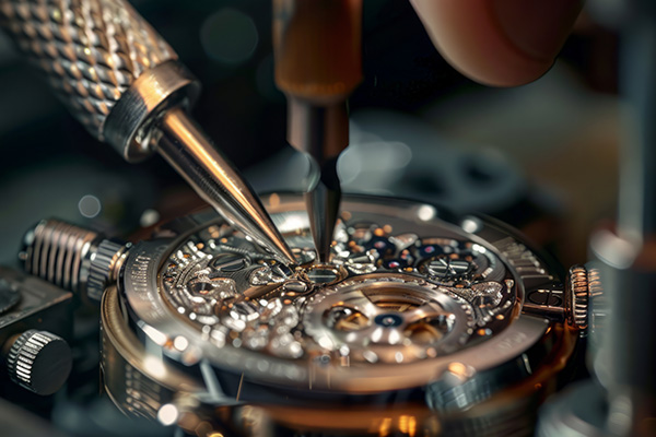 a close up image of a master watchmaker servicing the internal components of a luxury watch