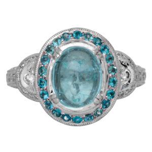 New platinum Judy Mayfield halo ring set with a 3.61 carat oval Paraiba tourmaline plus 0.34 carats of round brilliant Paraiba tourmalines plus 0.40 carats of round brilliant diamonds.