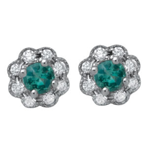 New 14k white gold halo stud earrings set with 0.26 carats of round brilliant alexandrites plus 0.12 carats of round brilliant diamonds.