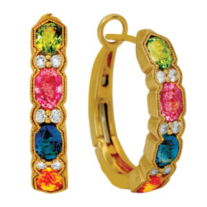 New 14k yellow gold hoop earrings set with 1.92 carats of oval multicolor sapphires plus 0.15 carats of round brilliant diamonds.