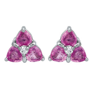 Vintage 14k white gold earrings set with 1.20 carats of round brilliant pink sapphires plus 0.05 carats of round brilliant diamonds.