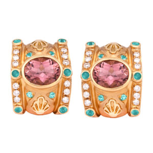 New 18k yellow gold Judy Mayfield shell earrings set with 3.59 carats of oval salmon tourmalines plus 0.53 carats of round brilliant Brazilian Paraiba tourmalines plus 0.45 carats of round brilliant earth-mined diamonds.