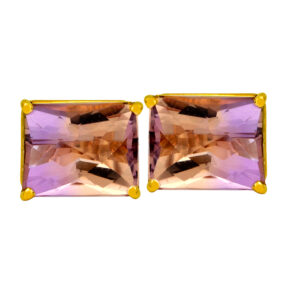Vintage 14k yellow gold stud earrings set with 4.66 carats of emerald cut ametrines.