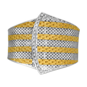 Vintage 18k yellow and white gold wide cuff bracelet set with 0.35 carats of round brilliant diamonds.