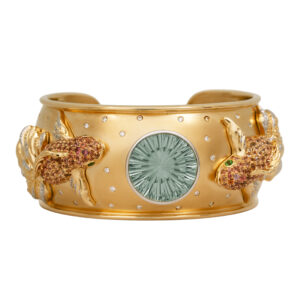 Vintage 18k yellow gold Judy Mayfield Koi Fish wide cuff bracelet set with a 15.10 carat round brilliant prasiolite plus 4.35 carats of round brilliant orange sapphires plus 1.34 carats of round brilliant earth-mined diamonds plus 0.30 carats of round brilliant tsavorite garnets.