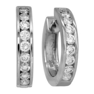 Vintage 18k white gold hoop earrings set with 0.54 carats of round brilliant earth-mined diamonds.