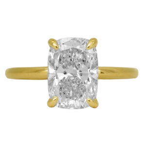 Vintage 14k yellow gold solitaire engagement ring set with a 3.00 carat cushion cut lab-grown diamond.