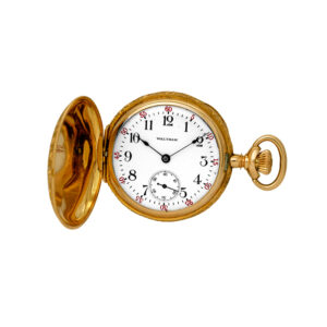 Antique Waltham pocket watch, 35mm in 14k yellow gold with a white Arabic dial, 0.05 carat old European cut diamond hunter case, and manual wind movement.
