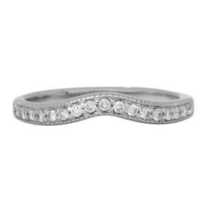 Vintage 14k white gold curved band set with 0.34 carats of round brilliant earth-mined diamonds.