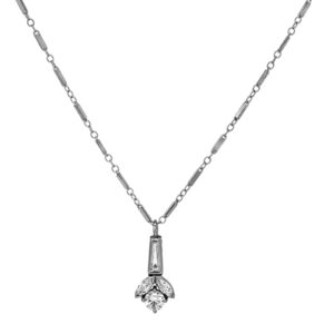 Vintage platinum and 14k white gold necklace set with 0.55 carats of round brilliant, marquise, and baguette earth-mined diamonds.