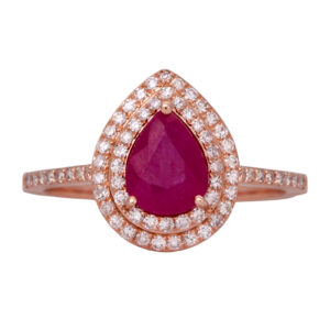 Vintage 14k rose gold double halo ring set with a 0.80 carat pear ruby plus 0.33 carats of single cut diamonds.