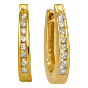 Vintage 14k yellow gold J hoop earrings set with 0.24 carats of round brilliant earth-mined diamonds.
