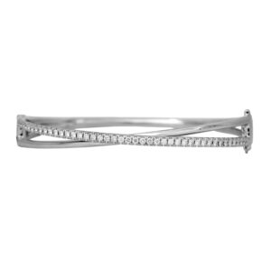Vintage 14k white gold crossover bangle set with 0.63 carats of round brilliant earth-mined diamonds.
