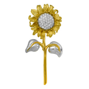 Vintage 18k yellow and white gold sunflower brooch set with 0.80 carats of round brilliant earth-mined diamonds.