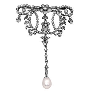Vintage 18k white gold black rhodium brooch set with a pearl plus 2.96 carats of round brilliant earth-mined diamonds.