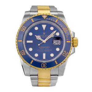 Pre-owned Rolex Submariner watch, 40mm in stainless steel & 18k yellow gold with a blue dial, blue ceramic bezel, sapphire crystal, Oyster bracelet, fliplock folding clasp, and automatic movement, with card.