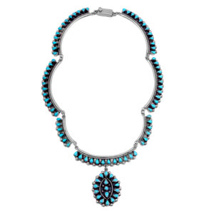Vintage sterling silver necklace set with pear and round turquoise.