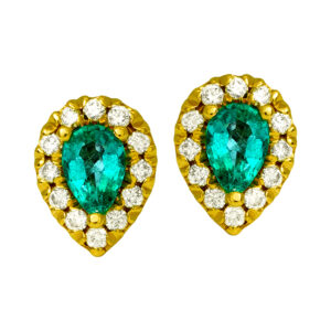 Vintage 14k yellow gold halo earrings set with 0.67 carats of pear emeralds plus 0.33 carats of round brilliant diamonds.