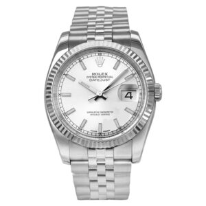 Pre-owned Rolex Datejust watch, 36mm in stainless steel with a silver stick dial, 18k white gold fluted bezel, sapphire crystal, Jubilee bracelet, folding clasp, and automatic movement.