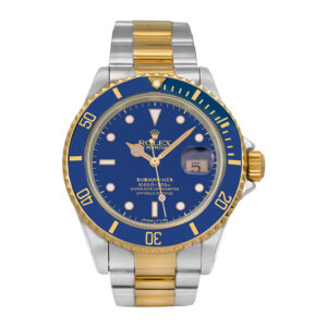 Pre-owned Rolex Submariner watch, 40mm in stainless steel & 18k yellow gold with a blue dial, blue bezel, Oyster bracelet, fliplock folding clasp, and automatic movement, with papers.