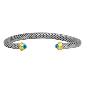 Vintage sterling silver and 14k yellow gold David Yurman Cable Flex cuff bracelet set with blue topaz.