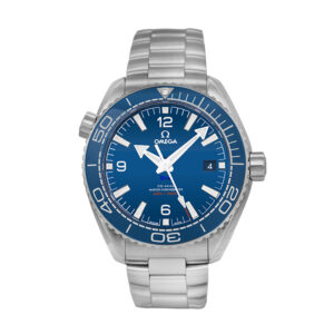 Pre-owned Omega Seamaster Planet Ocean watch, 43.5mm in stainless steel with a blue dial, blue bezel, sapphire crystal, exhibition case back, folding clasp, and automatic movement with box & card.
