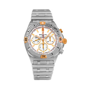 Pre-owned Breitling Chronomat B01 watch, 42mm in 18k rose gold and stainless steel with a silver dial, sapphire crystal, exhibition case back, stainless steel bracelet, folding clasp, and automatic movement with box & card.