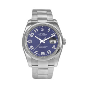 Pre-owned Rolex Datejust watch, 36mm in stainless steel with a blue Arabic dial, smooth bezel, sapphire crystal, Oyster bracelet, folding clasp, and automatic movement.