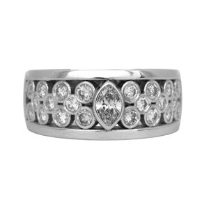 Vintage 14k white gold wide band set with 0.91 carats of marquise and round brilliant earth-mined diamonds.