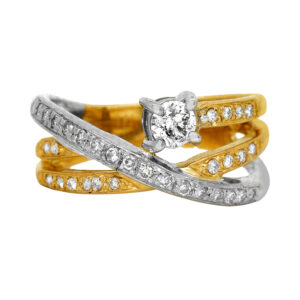 Vintage 14k yellow gold & platinum crossover band set with 0.65 carats of round brilliant earth-mined diamonds.