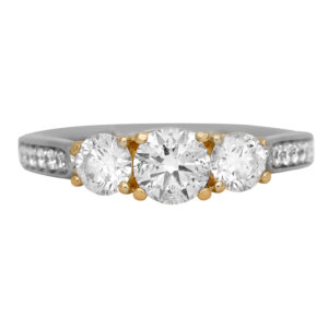 Vintage 14k white and yellow gold Disney three stone engagement ring set with a 0.50 carat round brilliant earth-mined diamond plus 0.59 carats of round brilliant earth-mined diamonds.