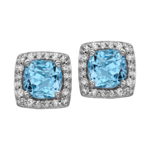 Vintage 14k white gold earrings set with 1.14 carats of cushion blue topaz surrounded by a halo of 0.30 carats of round brilliant earth-mined diamonds.