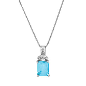 Vintage 14k white gold pendant set with a 2.07 carat emerald cut aquamarine plus 0.14 carats of round brilliant earth-mined diamonds on an 18" cable chain.