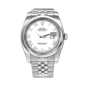 Pre-owned Rolex Datejust watch, 36mm in stainless steel with a white Roman dial, smooth bezel, Jubilee bracelet, folding clasp, and automatic movement.
