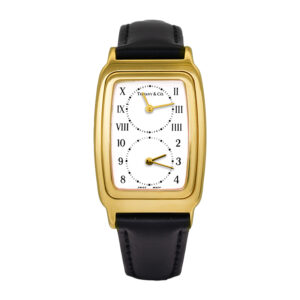 Pre-owned Tiffany & Co. Dual Time Zone watch, 27mm in 18k yellow gold with a white dial, black strap, and tang buckle.
