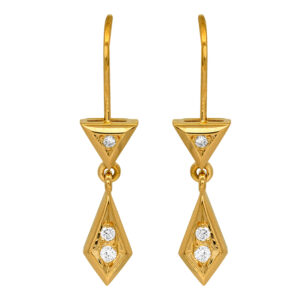 Vintage 18k yellow gold triangle earrings set with 0.13 carats of round brilliant earth-mined diamonds.
