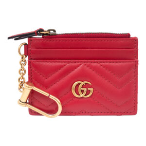 Vintage Gucci GG Marmont hibiscus red matelassé leather keychain wallet with dust bag.