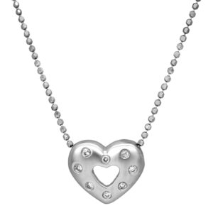 Vintage 18k white gold brushed heart necklace set with 0.16 carats of round brilliant earth-mined diamonds.