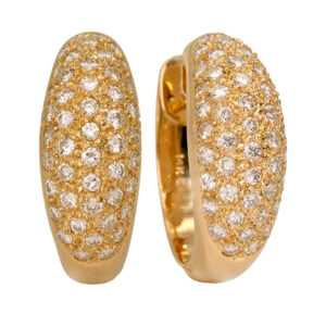Vintage 14k yellow gold hoop earrings set with 0.92 carats of round brilliant earth-mined diamonds.