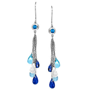 New sterling silver Denny Wong earrings set with 5.00 carats of briolette kyanite, 4.00 carats of briolette apatite, 3.00 carats of briolette quartz, plus 0.30 carats of briolette blue zircon.
