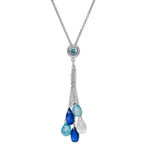 New sterling silver Denny Wong necklace set with 3.00 carats of briolette kyanite, 3.00 carats of briolette apatite, 3.00 carats of briolette quartz, plus 0.30 carats of briolette blue zircon.