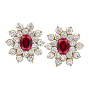 Vintage 18k yellow gold double halo earrings set with 5.00 carats of oval lab-grown rubies plus 5.50 carats of round brilliant earth-mined diamonds.
